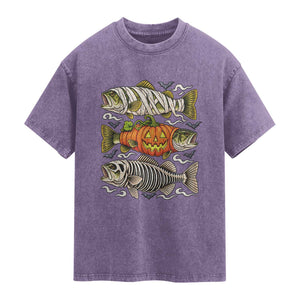 Halloween Bass Fish Pumpkin Skeleton Mummy Washed Cotton T-Shirt