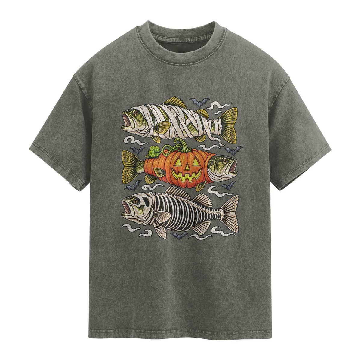 Halloween Bass Fish Pumpkin Skeleton Mummy Washed Cotton T-Shirt