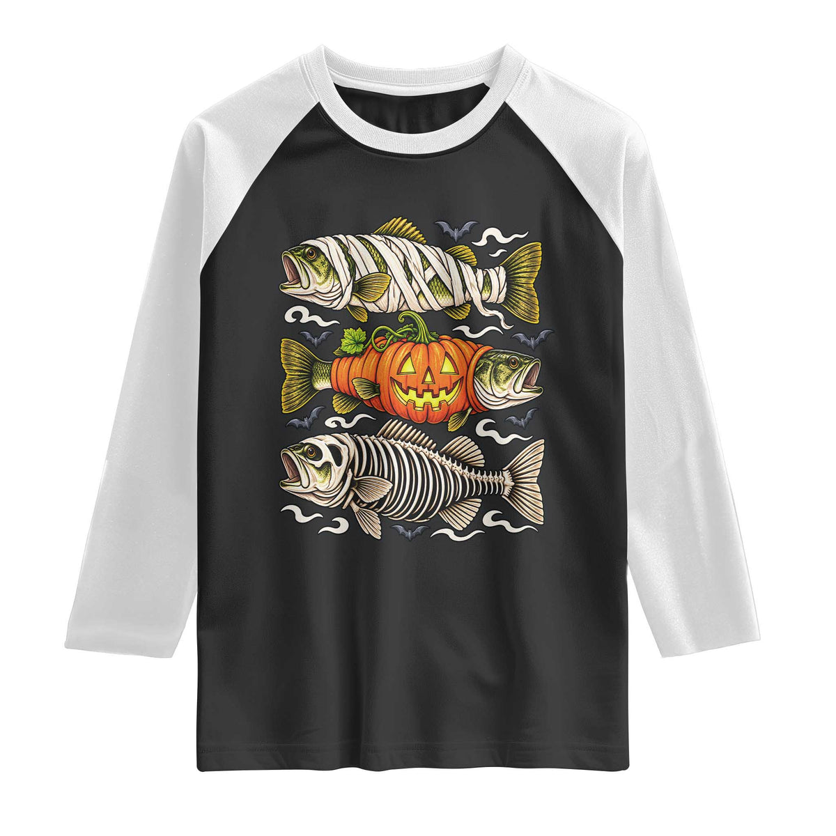 Halloween Bass Fish Pumpkin Skeleton Mummy Raglan Shirt