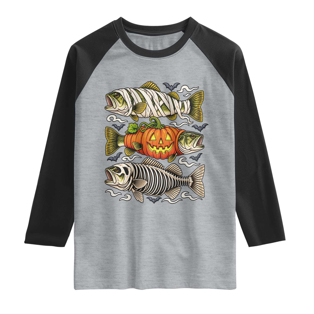 Halloween Bass Fish Pumpkin Skeleton Mummy Raglan Shirt