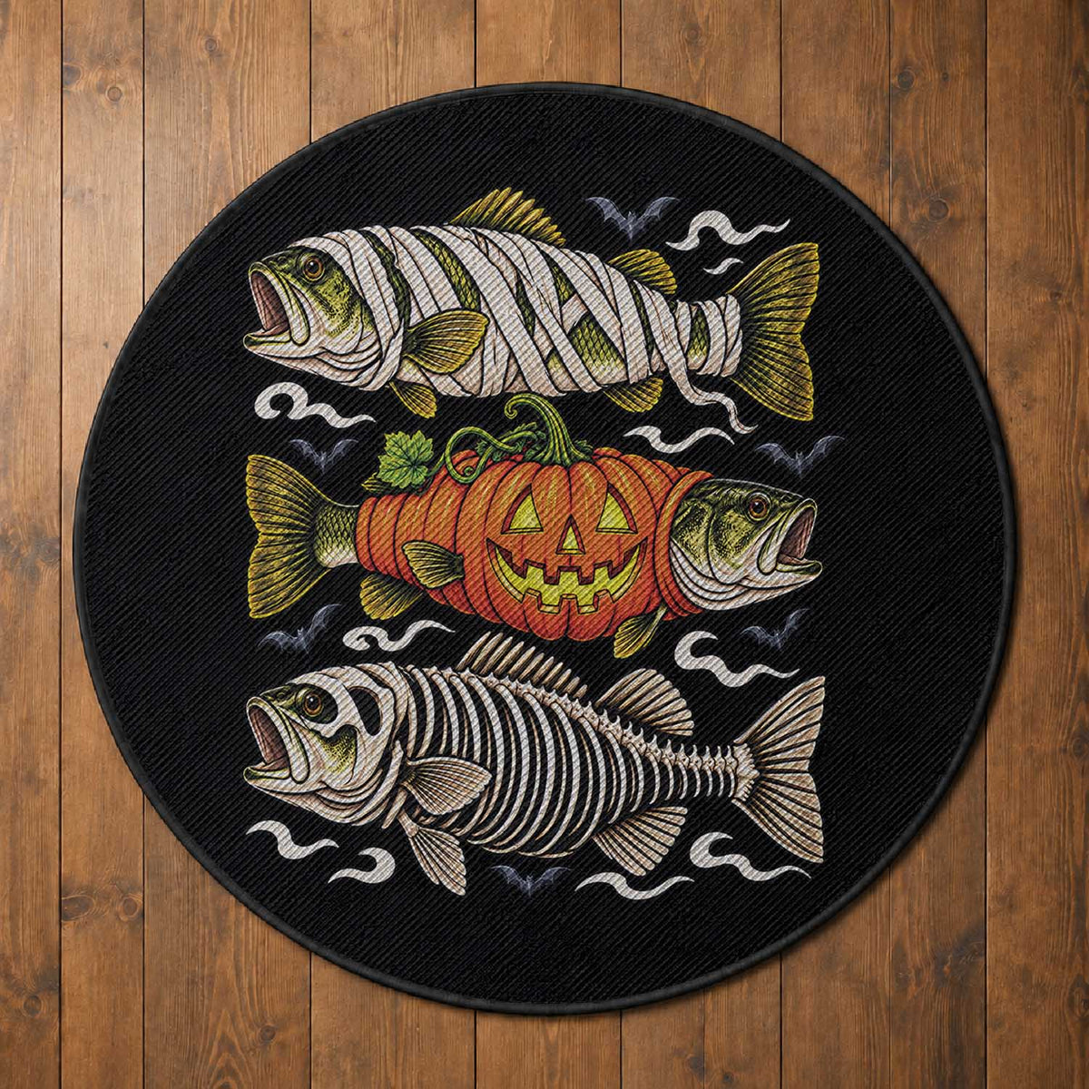 Halloween Bass Fish Pumpkin Skeleton Mummy Round Rug