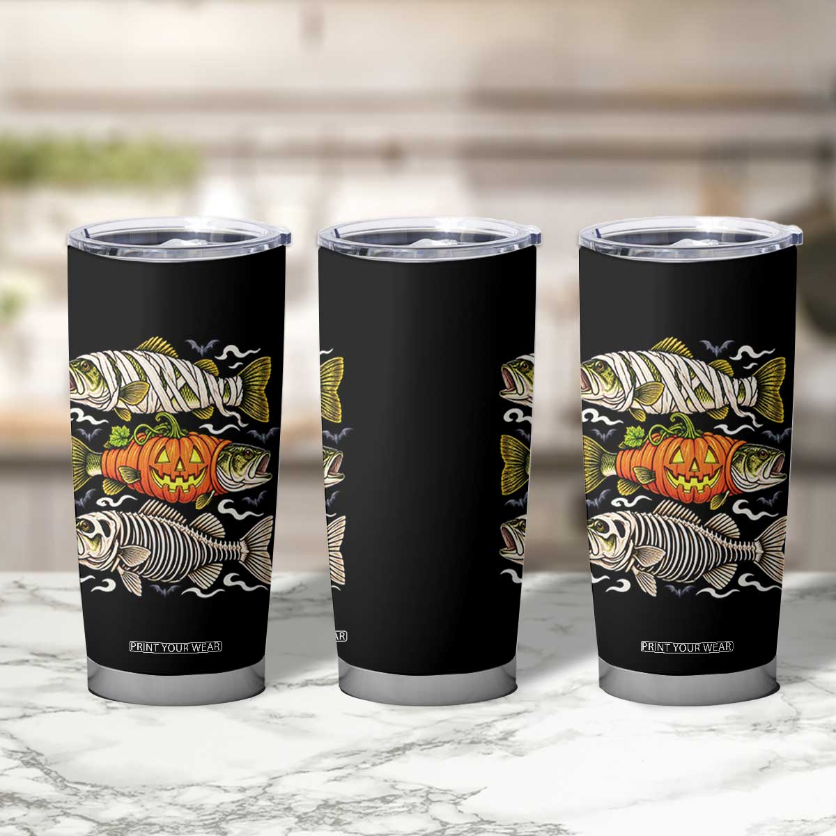 Halloween Bass Fish Pumpkin Skeleton Mummy Tumbler Cup