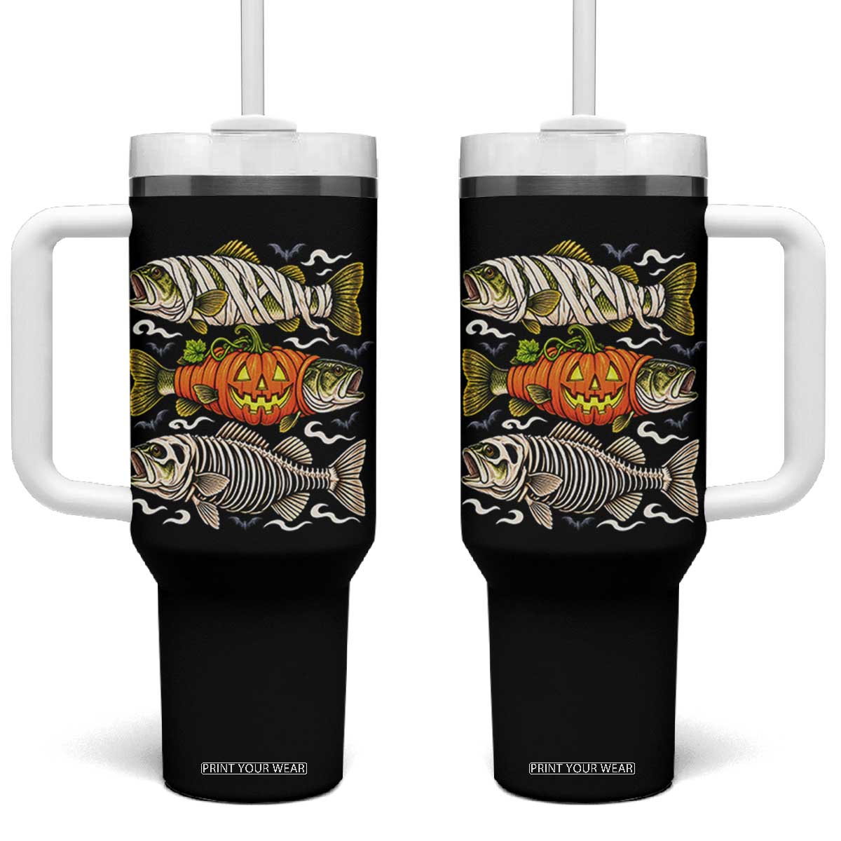 Halloween Bass Fish Pumpkin Skeleton Mummy Tumbler With Handle