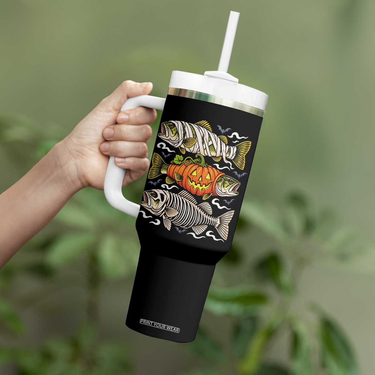 Halloween Bass Fish Pumpkin Skeleton Mummy Tumbler With Handle