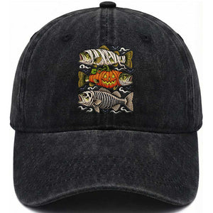 Halloween Bass Fish Pumpkin Skeleton Mummy Washed Cotton Baseball Cap