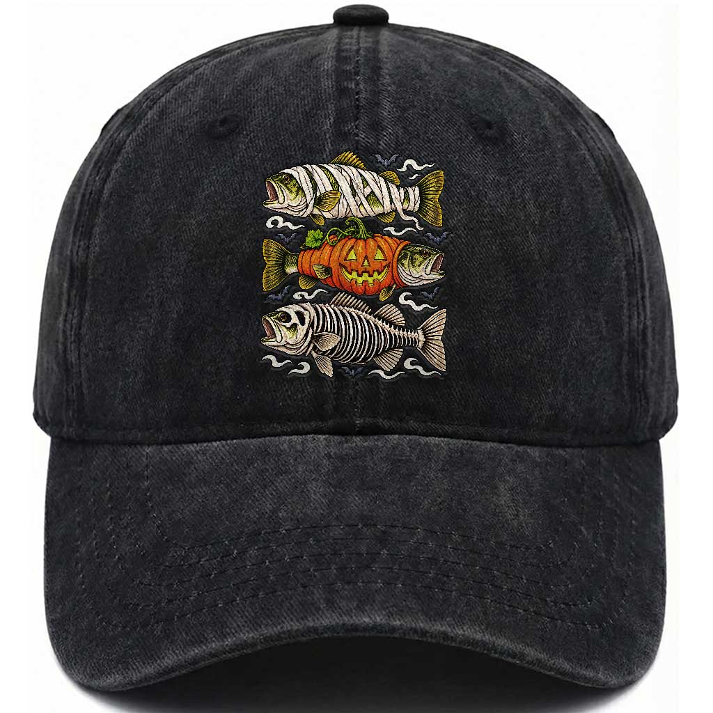 Halloween Bass Fish Pumpkin Skeleton Mummy Washed Cotton Baseball Cap