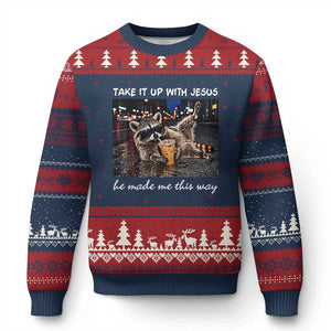 Take It Up with Jesus He Made Me This Way Funny Raccoon Ugly Christmas Sweater