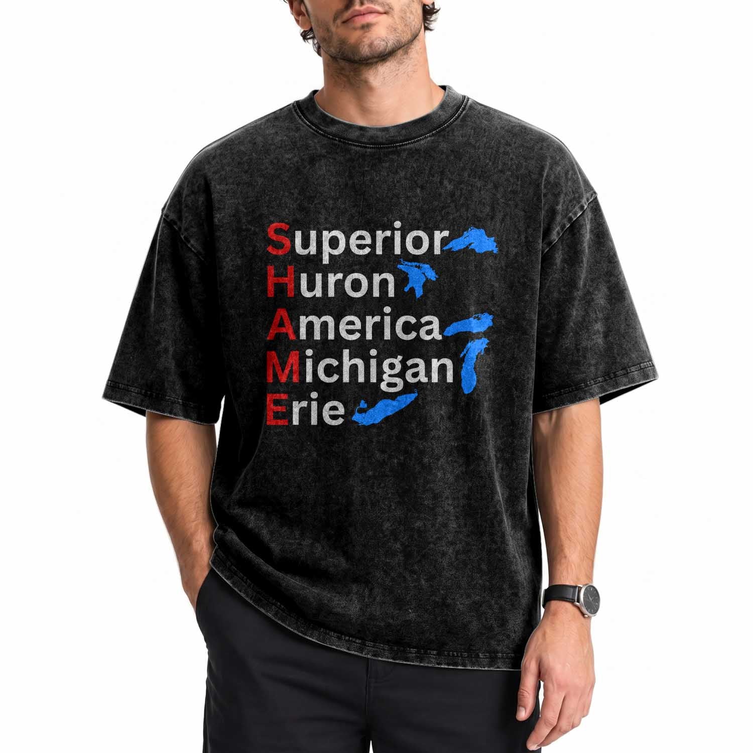 Shame Superior Huron America Michigan Erie Washed Cotton T-Shirt The Five Great Lakes of North America