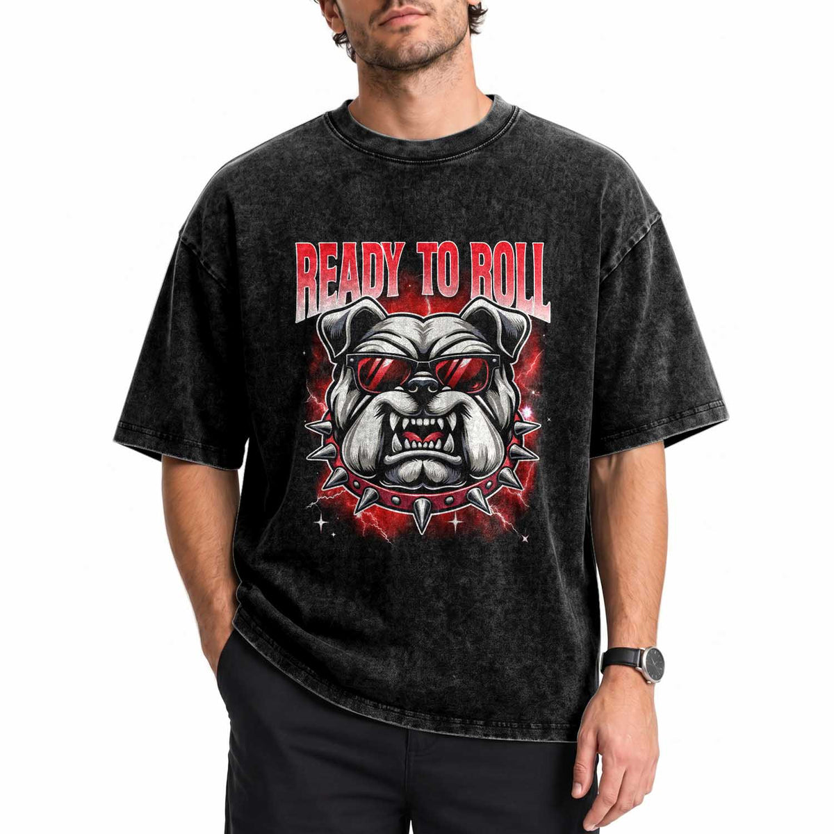 Ready To Roll Funny Bulldog Washed Cotton T-Shirt Athletic Game Day Bootleg Graphic