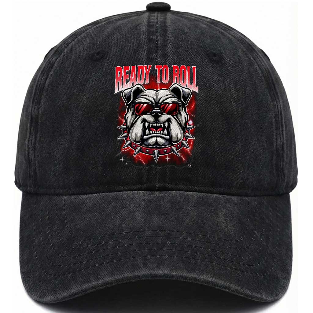 Ready To Roll Funny Bulldog Washed Cotton Baseball Cap Athletic Game Day Bootleg Graphic