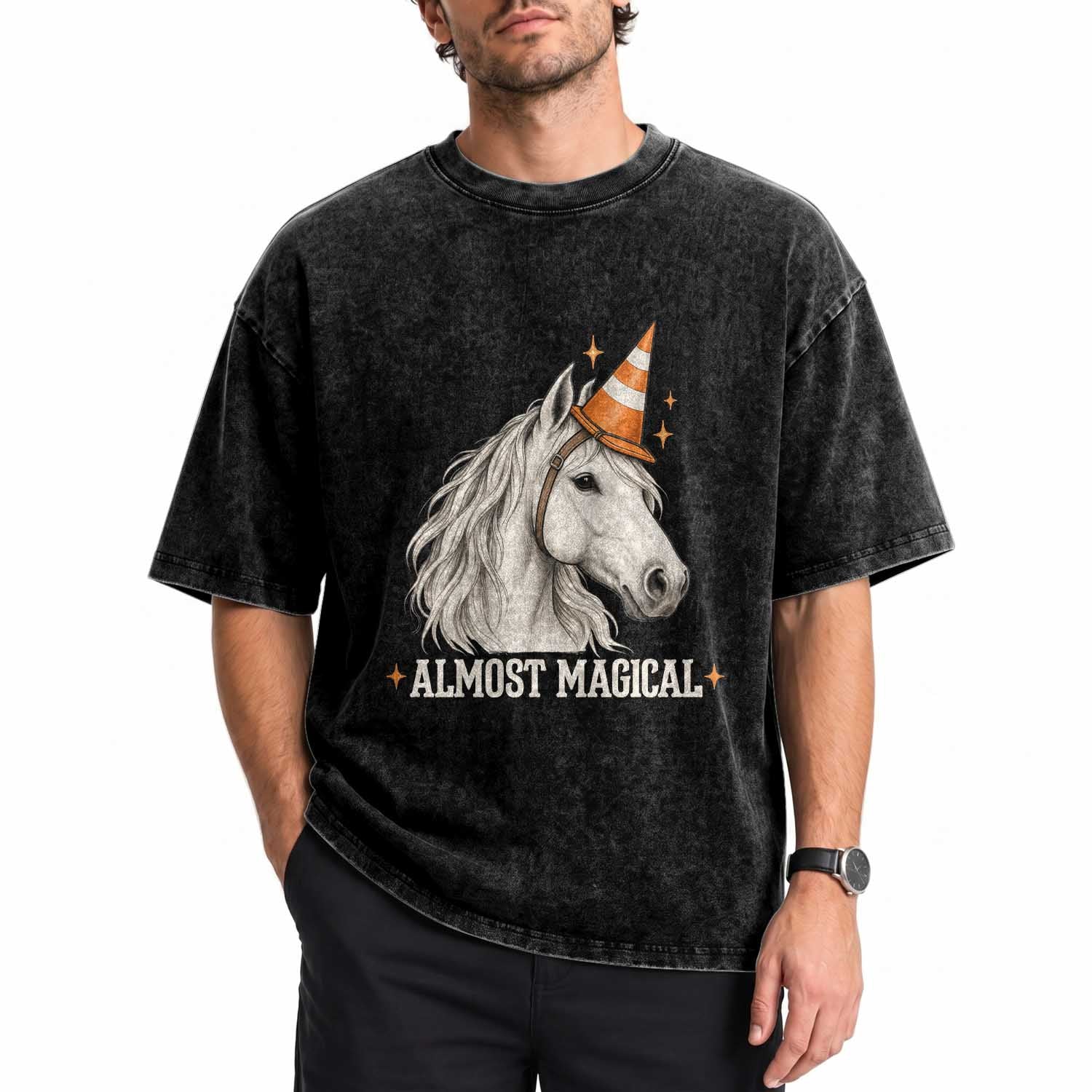 Almost Magical Funny Unicorn Horse Wearing Traffic Cone Washed Cotton T-Shirt