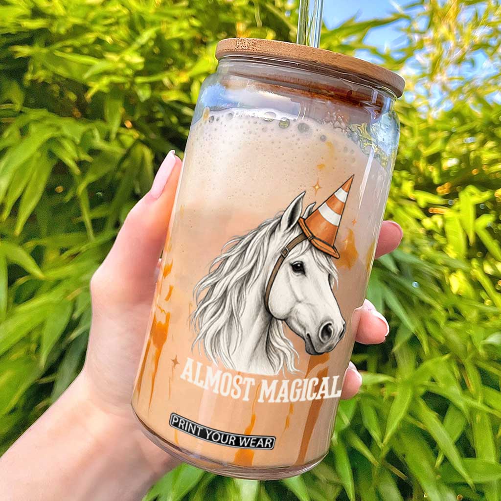 Almost Magical Funny Unicorn Horse Wearing Traffic Cone Glass Can