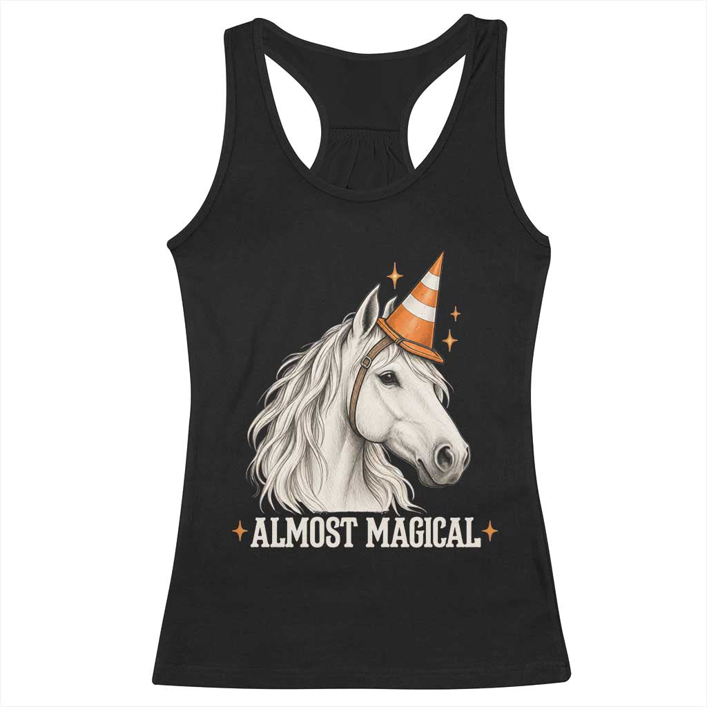 Almost Magical Funny Unicorn Horse Wearing Traffic Cone Racerback Tank Top