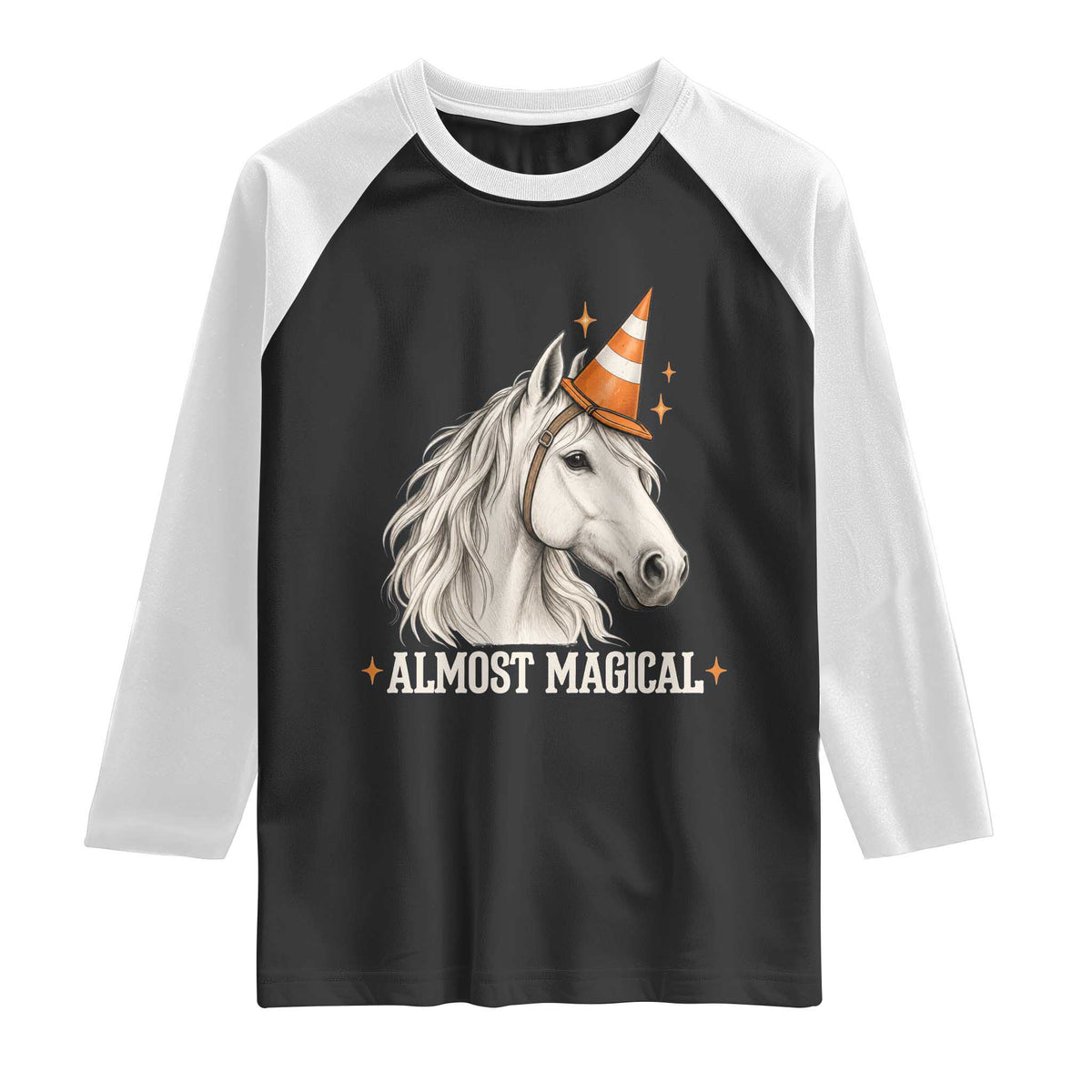 Almost Magical Funny Unicorn Horse Wearing Traffic Cone Raglan Shirt