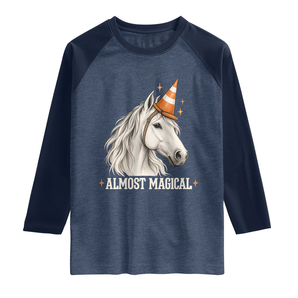 Almost Magical Funny Unicorn Horse Wearing Traffic Cone Raglan Shirt