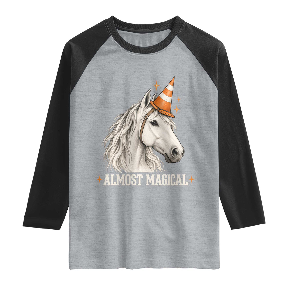 Almost Magical Funny Unicorn Horse Wearing Traffic Cone Raglan Shirt