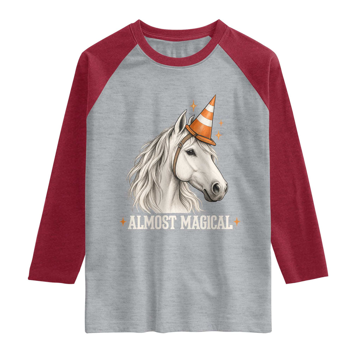 Almost Magical Funny Unicorn Horse Wearing Traffic Cone Raglan Shirt