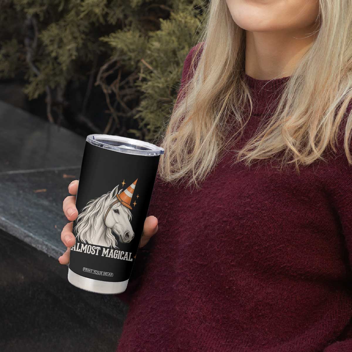 Almost Magical Funny Unicorn Horse Wearing Traffic Cone Tumbler Cup