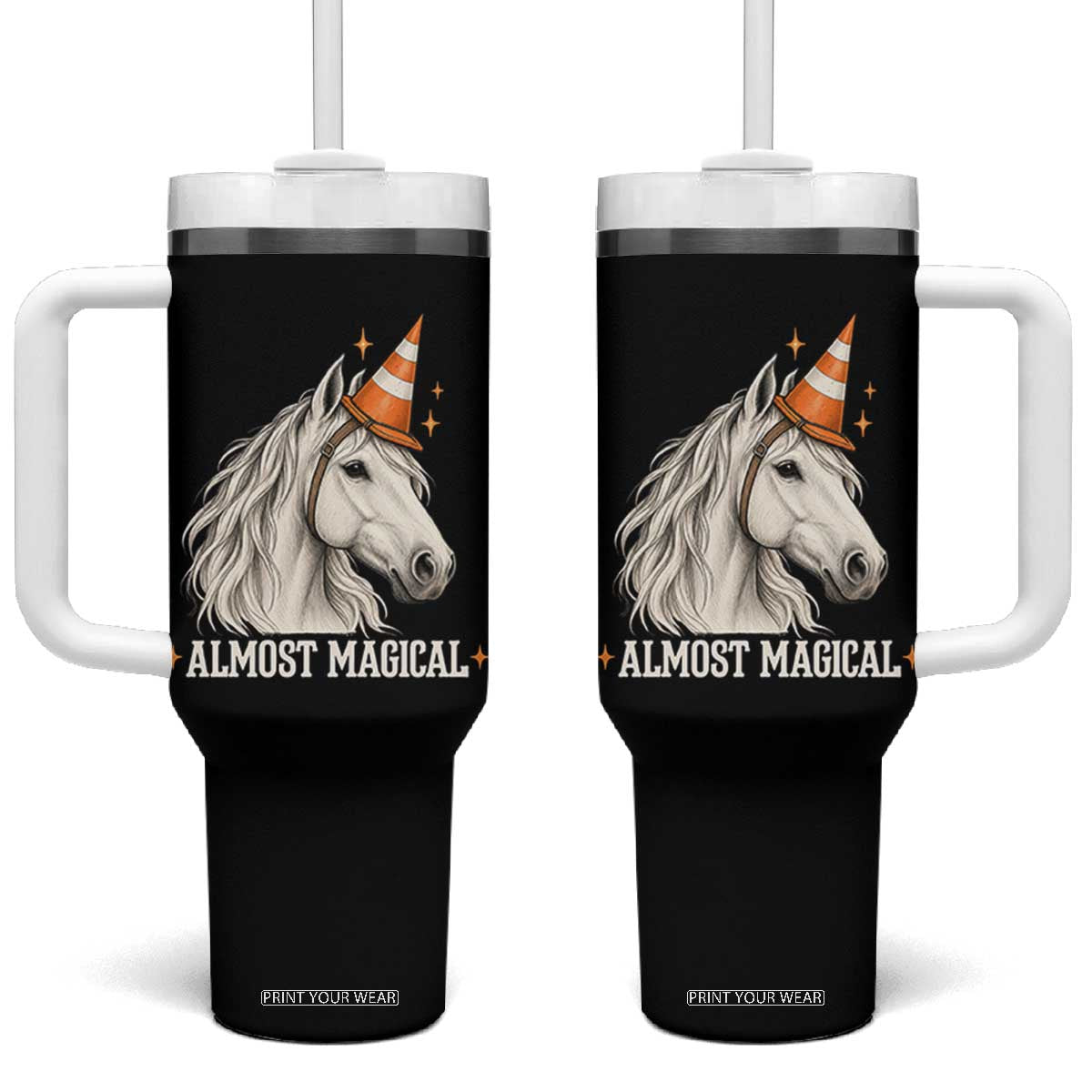 Almost Magical Funny Unicorn Horse Wearing Traffic Cone Tumbler With Handle