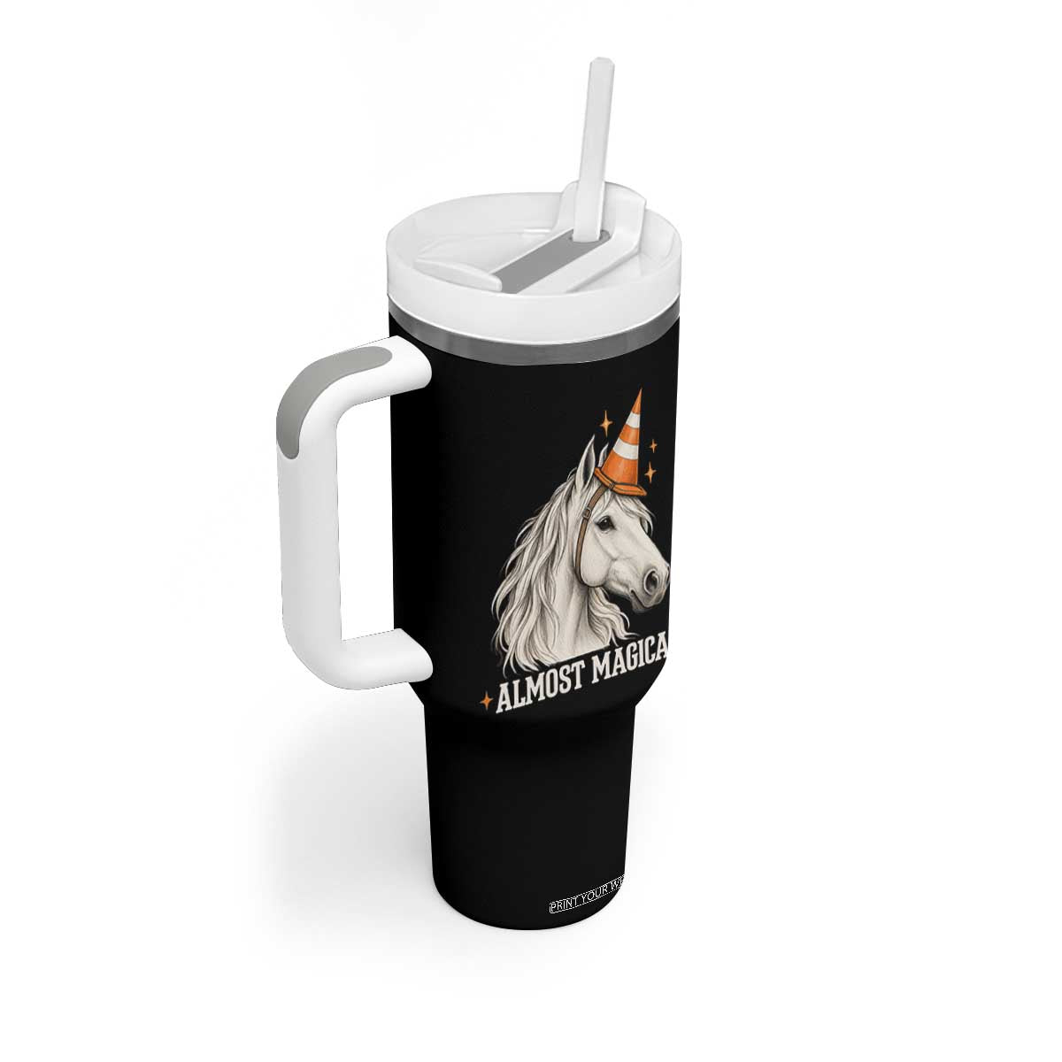 Almost Magical Funny Unicorn Horse Wearing Traffic Cone Tumbler With Handle