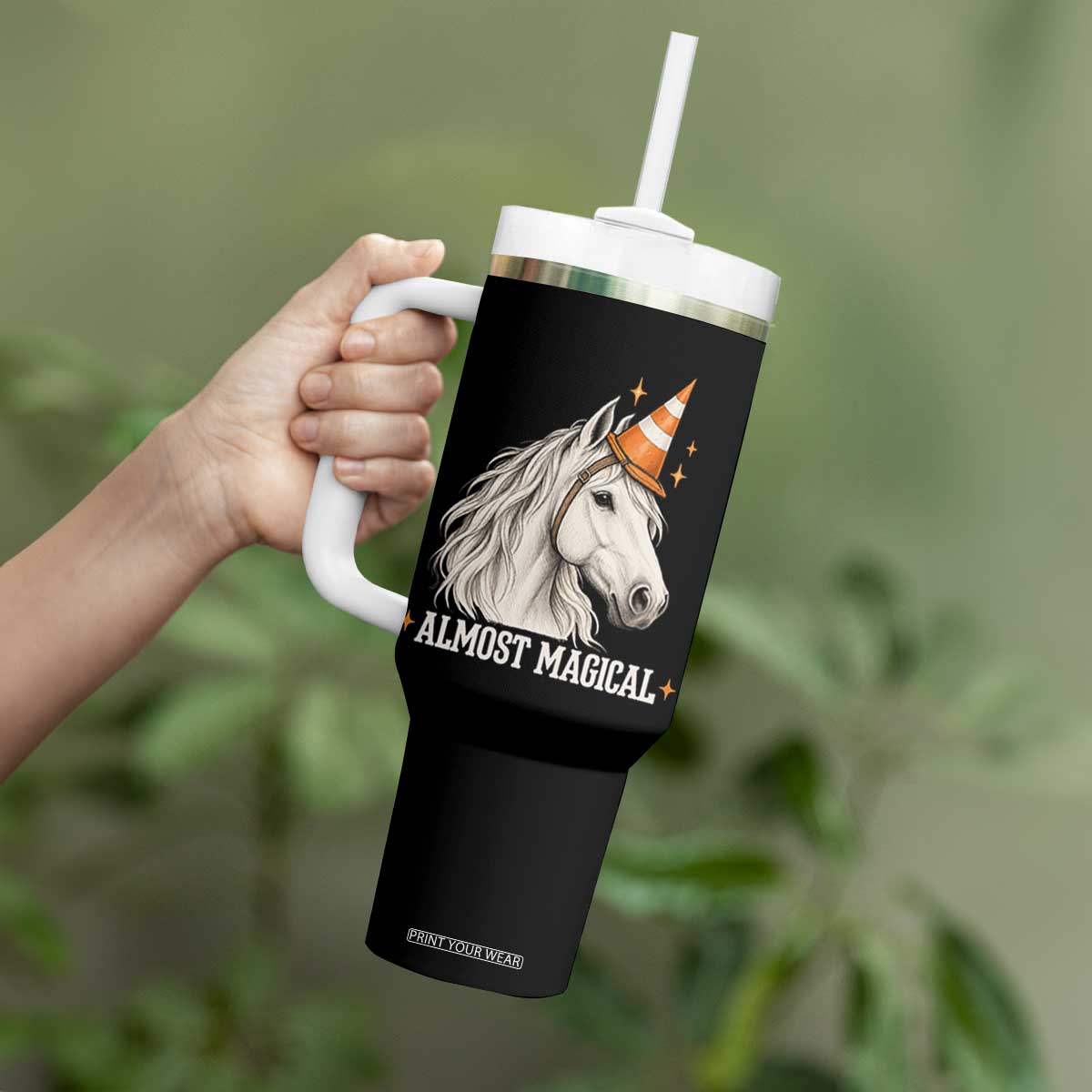 Almost Magical Funny Unicorn Horse Wearing Traffic Cone Tumbler With Handle