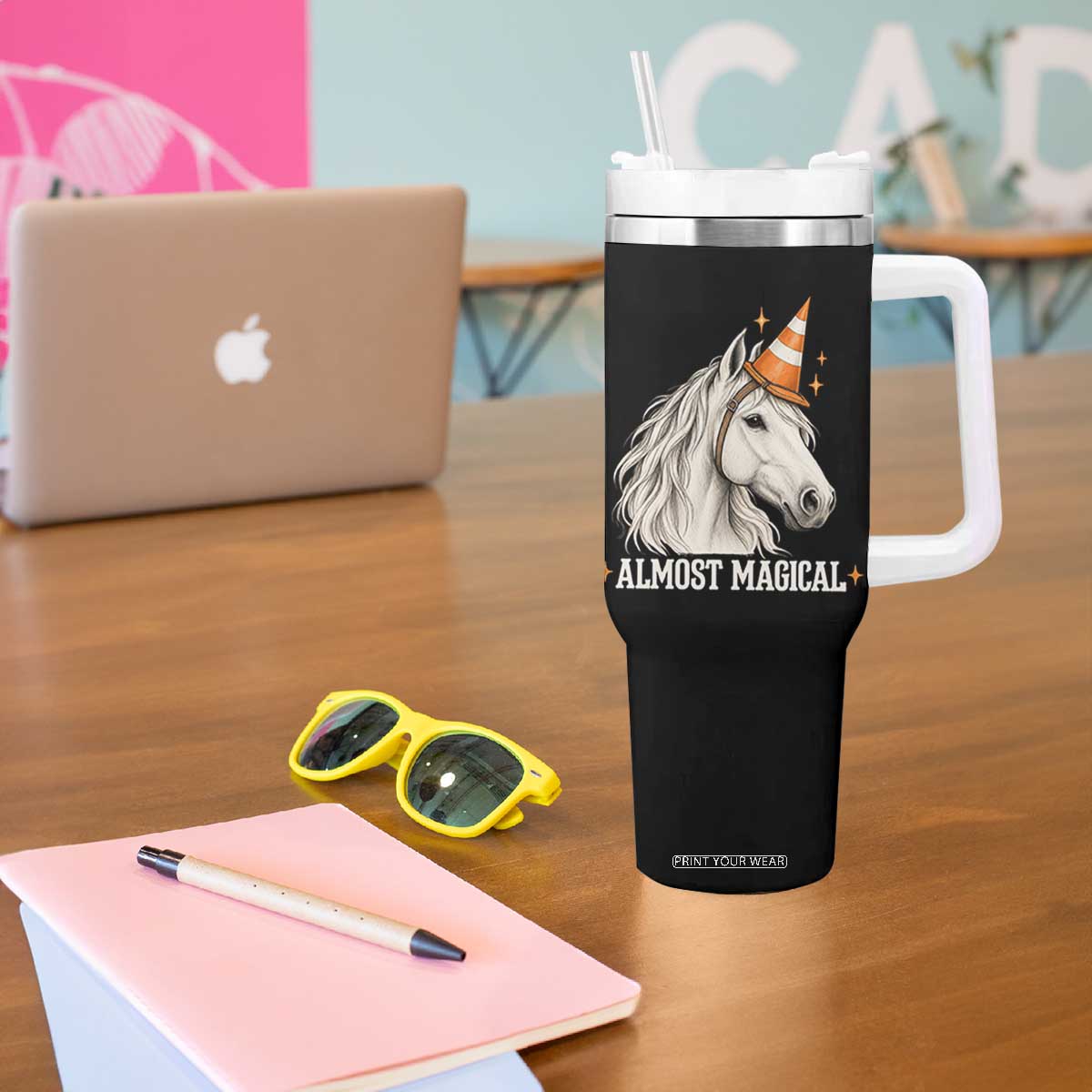 Almost Magical Funny Unicorn Horse Wearing Traffic Cone Tumbler With Handle