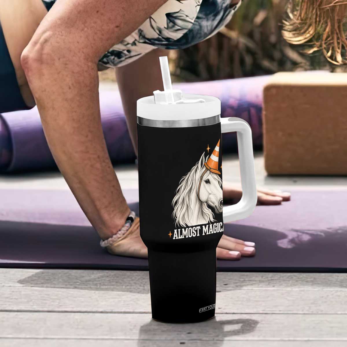 Almost Magical Funny Unicorn Horse Wearing Traffic Cone Tumbler With Handle