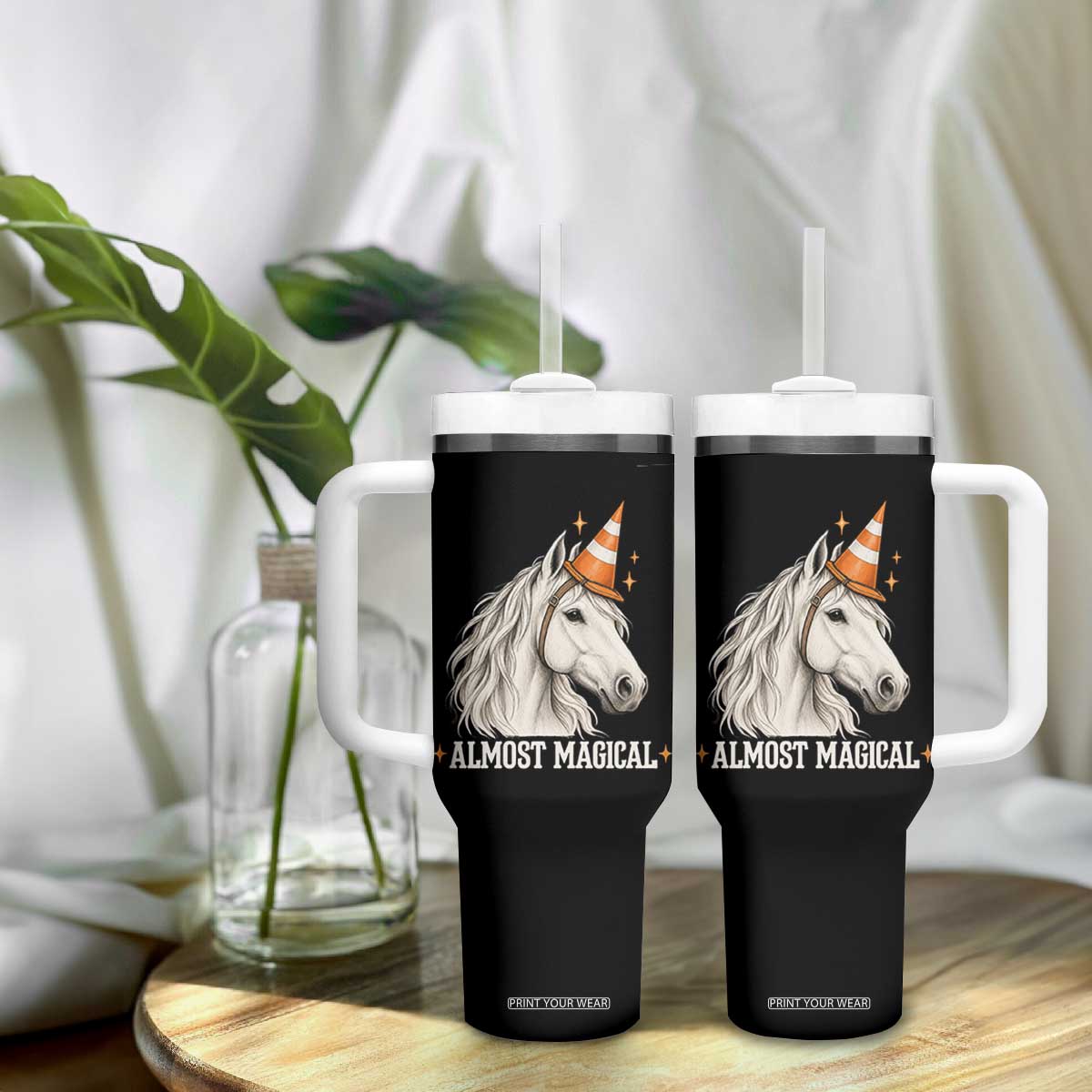 Almost Magical Funny Unicorn Horse Wearing Traffic Cone Tumbler With Handle