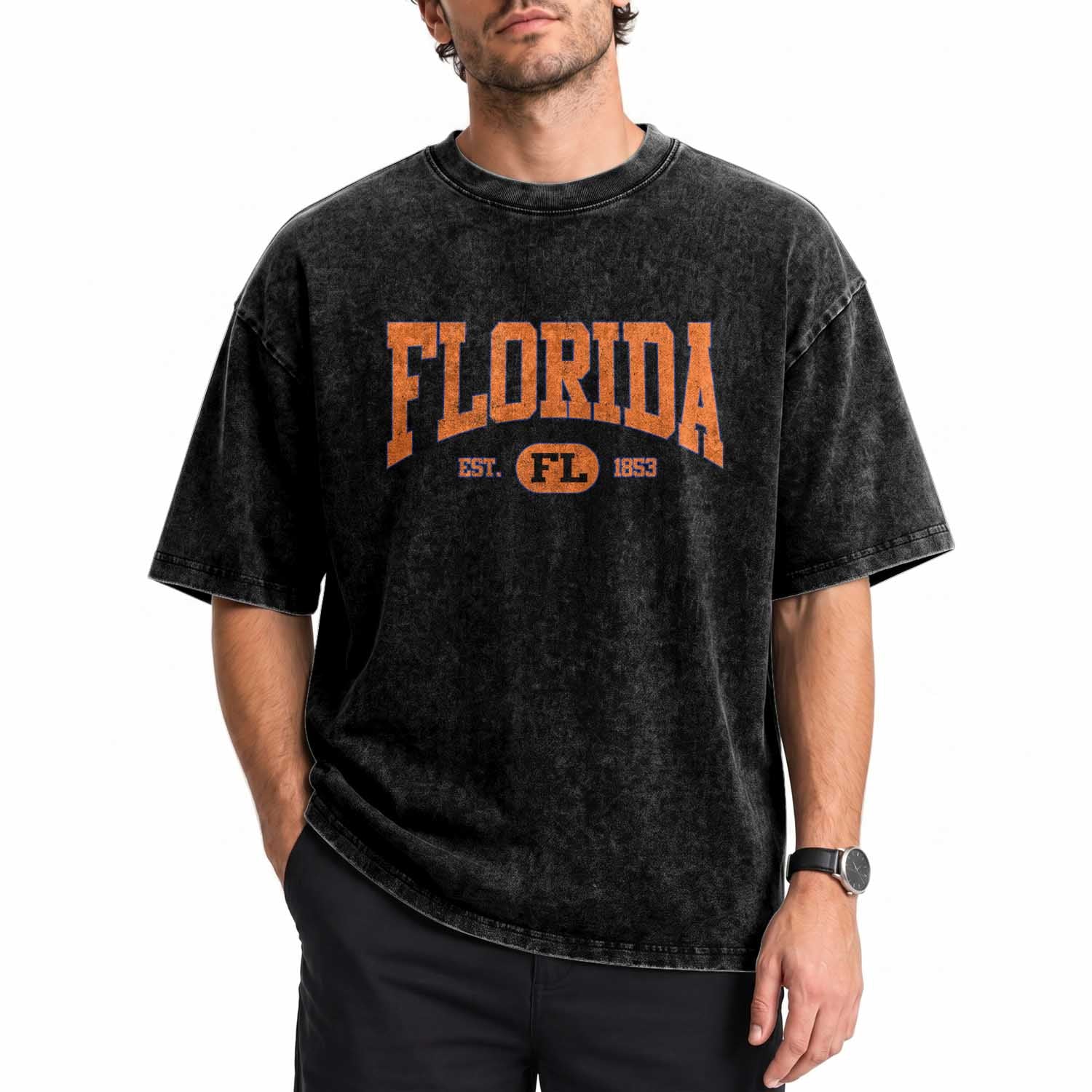 Florida Est 1853 Washed Cotton T-Shirt FL Vintage Varsity Sports Jersey Style
