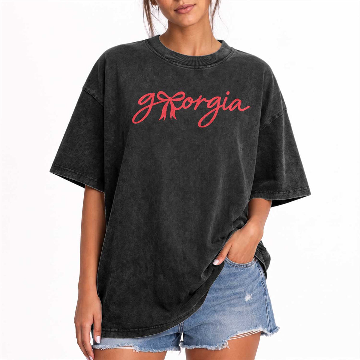 Georgia Coquette Bow Washed Cotton T-Shirt GA State Funny Game Day Red Ribbon