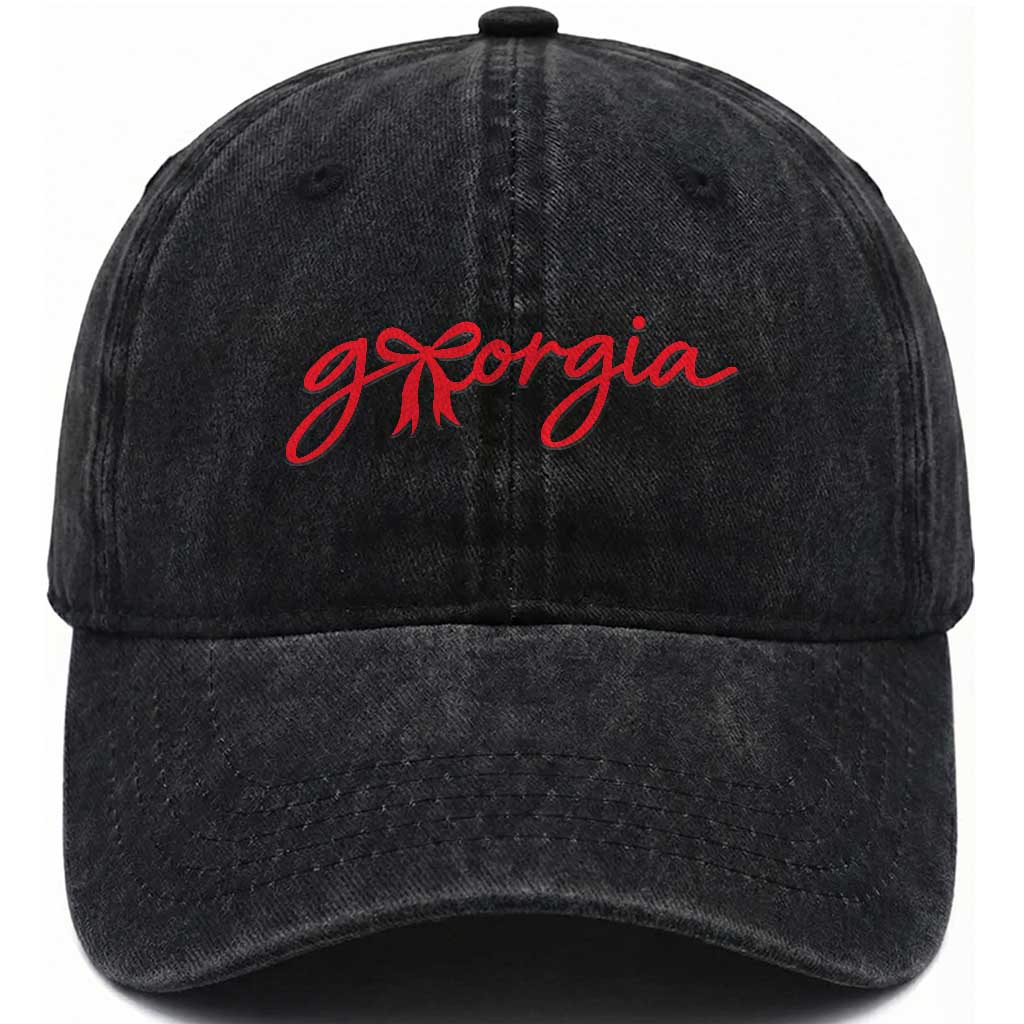 Georgia Coquette Bow Washed Cotton Baseball Cap GA State Funny Game Day Red Ribbon