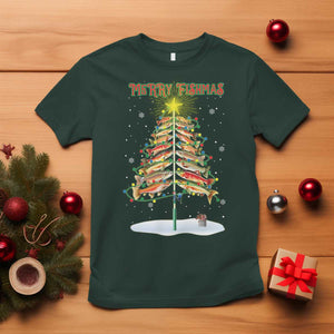 Funny Christmas Fishing T Shirt Merry Fishmas Fish Xmas Tree Star TS11 Dark Forest Green Print Your Wear