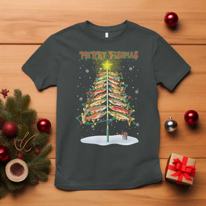 Funny Christmas Fishing T Shirt Merry Fishmas Fish Xmas Tree Star TS11 Dark Heather Print Your Wear