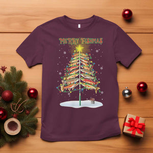 Funny Christmas Fishing T Shirt Merry Fishmas Fish Xmas Tree Star TS11 Maroon Print Your Wear