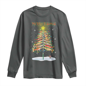 Funny Christmas Fishing Long Sleeve Shirt Merry Fishmas Fish Xmas Tree Star TS11 Dark Heather Print Your Wear