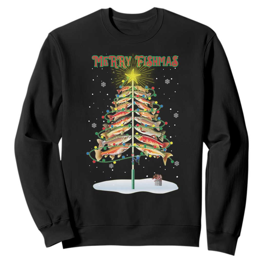 Funny Christmas Fishing Sweatshirt Merry Fishmas Fish Xmas Tree Star TS11 Black Print Your Wear