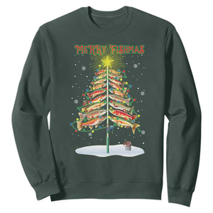 Funny Christmas Fishing Sweatshirt Merry Fishmas Fish Xmas Tree Star TS11 Dark Forest Green Print Your Wear