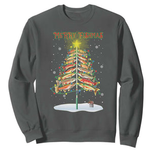 Funny Christmas Fishing Sweatshirt Merry Fishmas Fish Xmas Tree Star TS11 Dark Heather Print Your Wear