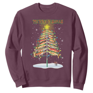 Funny Christmas Fishing Sweatshirt Merry Fishmas Fish Xmas Tree Star TS11 Maroon Print Your Wear