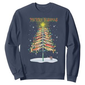 Funny Christmas Fishing Sweatshirt Merry Fishmas Fish Xmas Tree Star TS11 Navy Print Your Wear