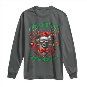 Funny Christmas Hunting Long Sleeve Shirt Jingle Bells Shotgun Shells Santa Deer TS11 Dark Heather Print Your Wear