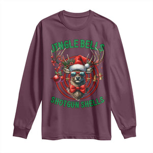 Funny Christmas Hunting Long Sleeve Shirt Jingle Bells Shotgun Shells Santa Deer TS11 Maroon Print Your Wear