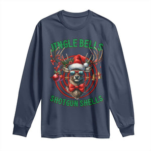 Funny Christmas Hunting Long Sleeve Shirt Jingle Bells Shotgun Shells Santa Deer TS11 Navy Print Your Wear