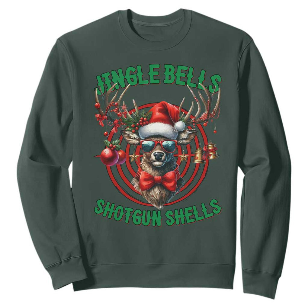 Funny Christmas Hunting Sweatshirt Jingle Bells Shotgun Shells Santa Deer TS11 Dark Forest Green Print Your Wear