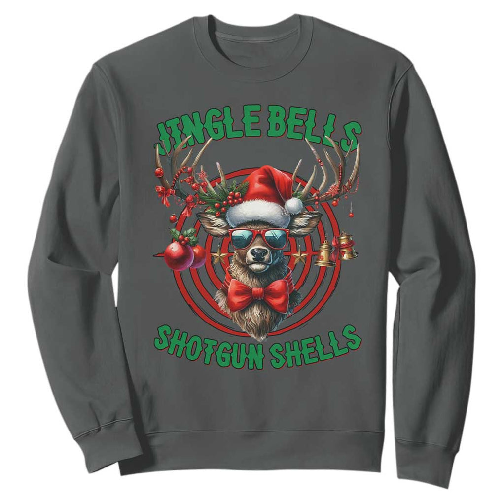 Funny Christmas Hunting Sweatshirt Jingle Bells Shotgun Shells Santa Deer TS11 Dark Heather Print Your Wear