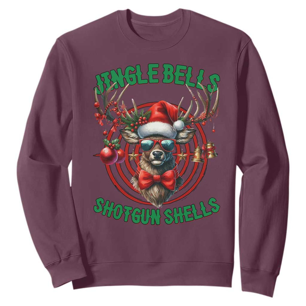 Funny Christmas Hunting Sweatshirt Jingle Bells Shotgun Shells Santa Deer TS11 Maroon Print Your Wear