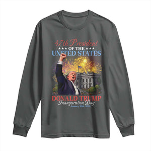 47th President Donald Trump Inauguration Day 2025 Long Sleeve Shirt White House Fireworks American Flag Memorabilia TS11 Dark Heather Print Your Wear