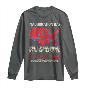 47th President Donald Trump Inauguration Day 2025 Long Sleeve Shirt Officially Unburdened By What Has Been American Maps TS11 Dark Heather Print Your Wear