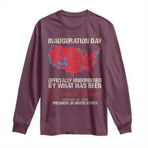 47th President Donald Trump Inauguration Day 2025 Long Sleeve Shirt Officially Unburdened By What Has Been American Maps TS11 Maroon Print Your Wear