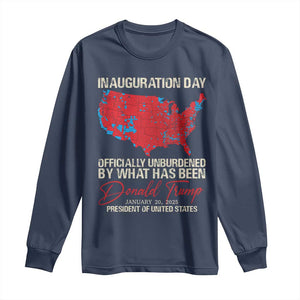 47th President Donald Trump Inauguration Day 2025 Long Sleeve Shirt Officially Unburdened By What Has Been American Maps TS11 Navy Print Your Wear